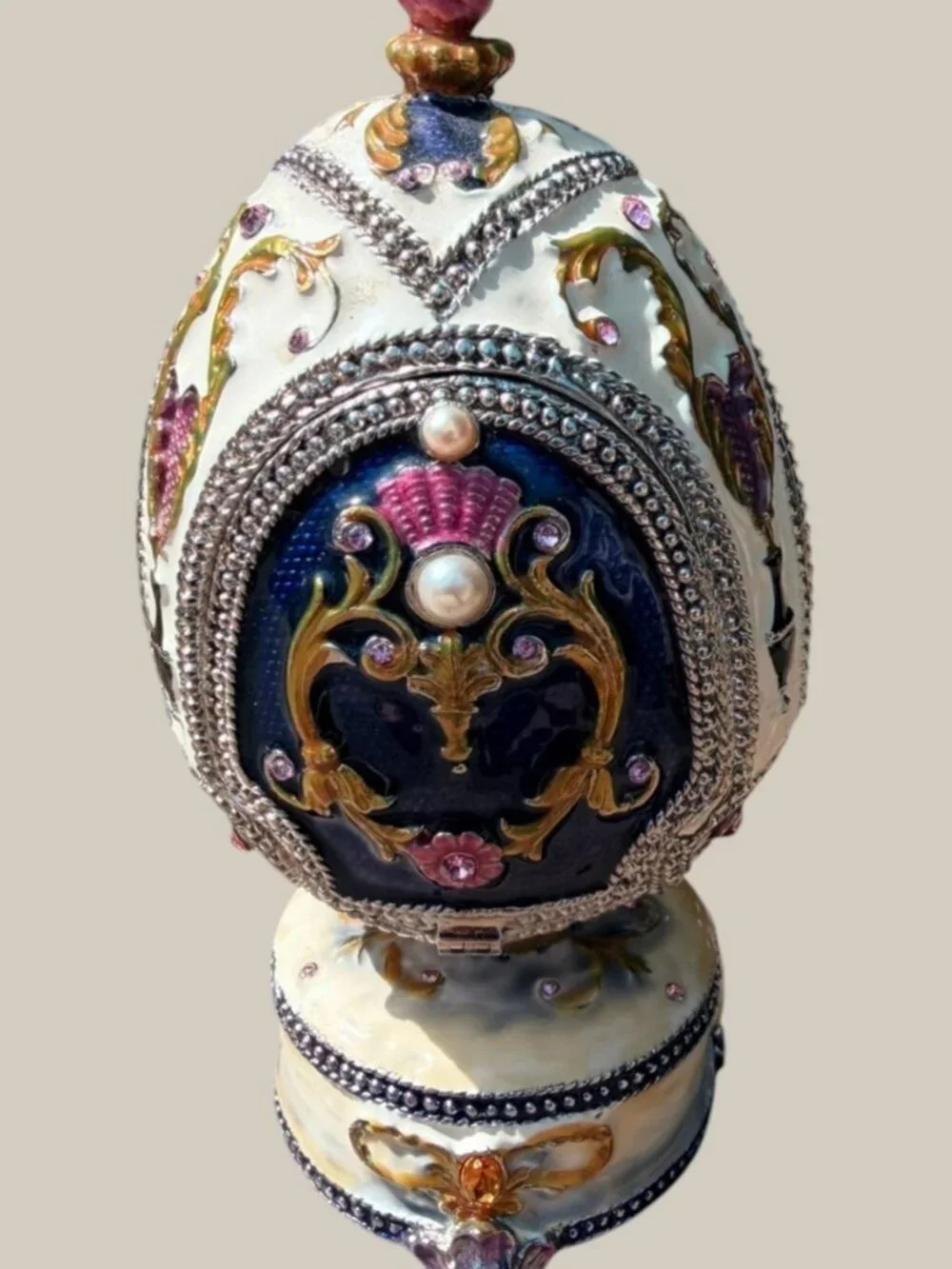 Jere Jeweled Enameled Exquisite Egg Music Box Trinket Box Rhinestone AS IS